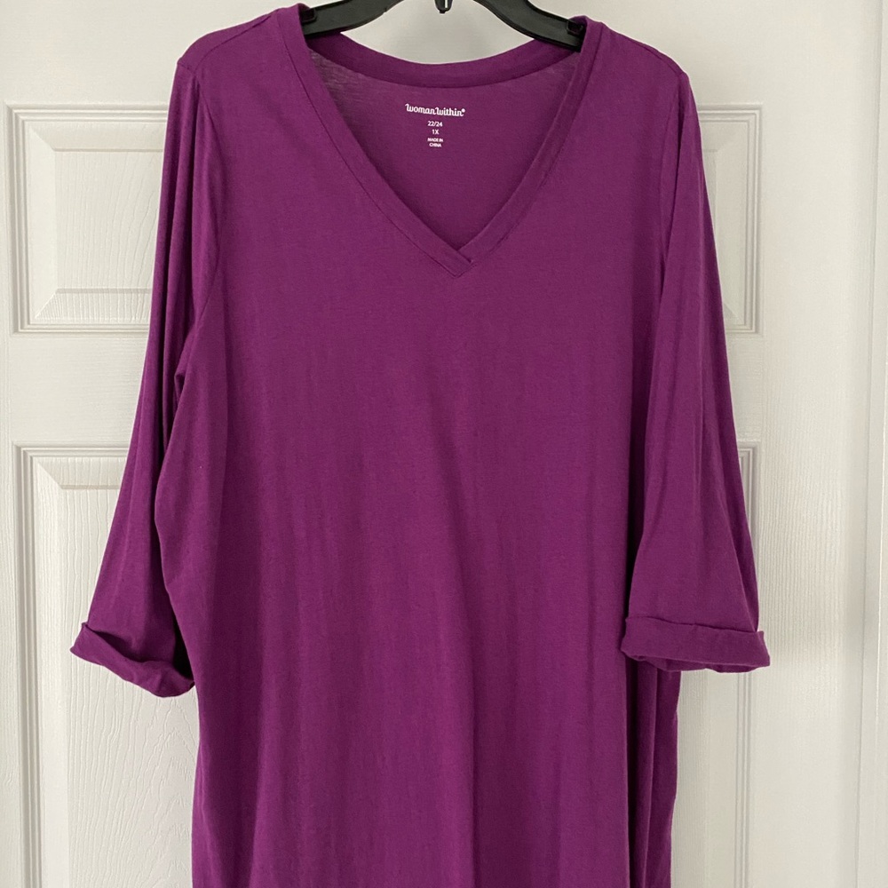 Purple 3/4 sleeve tunic.  Knit jersey.